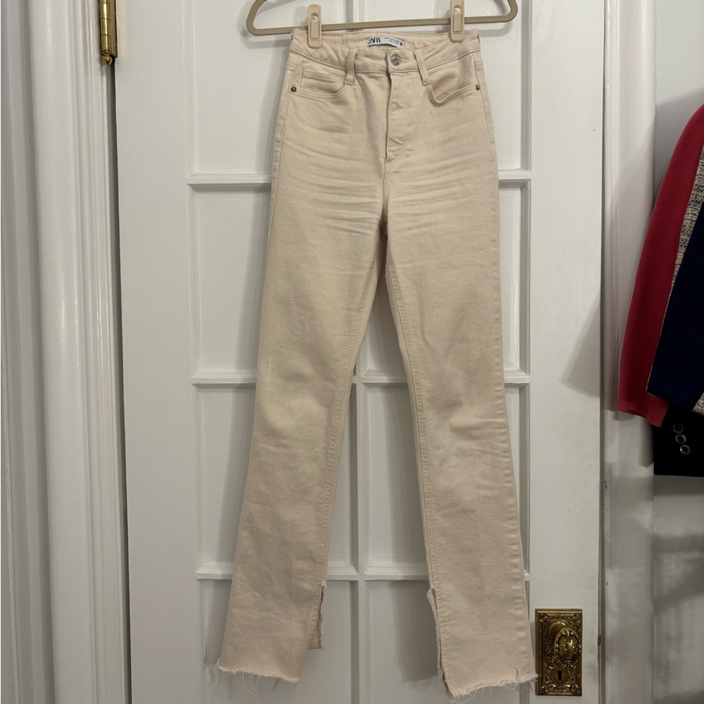 Zara Cream High Rise Straight Leg Split Hem Jeans